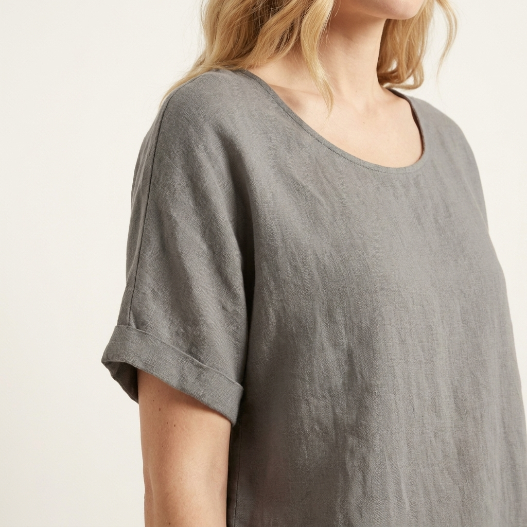 Close-up of the dark grey blouse neckline showing the loose, softly draping fabric