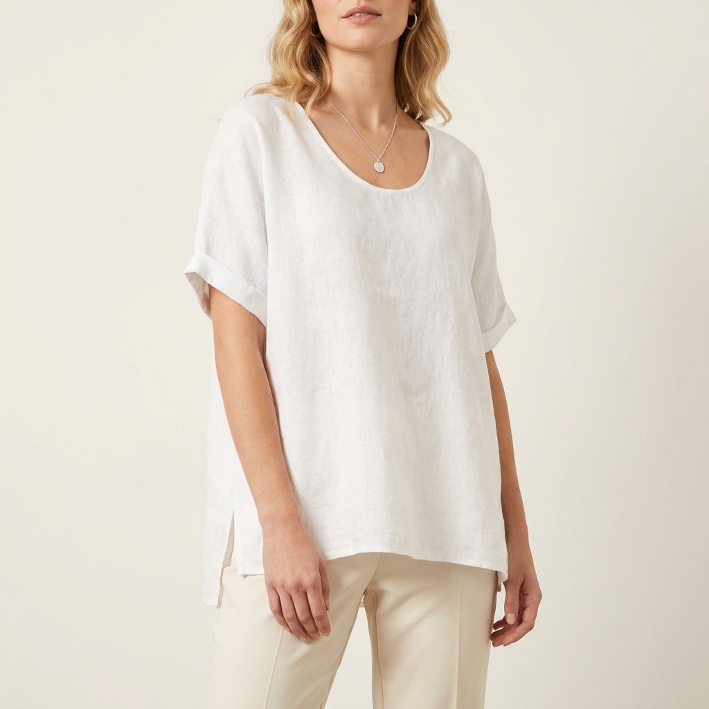 Woman wearing a white loose-fit blouse with a relaxed silhouette, front studio view