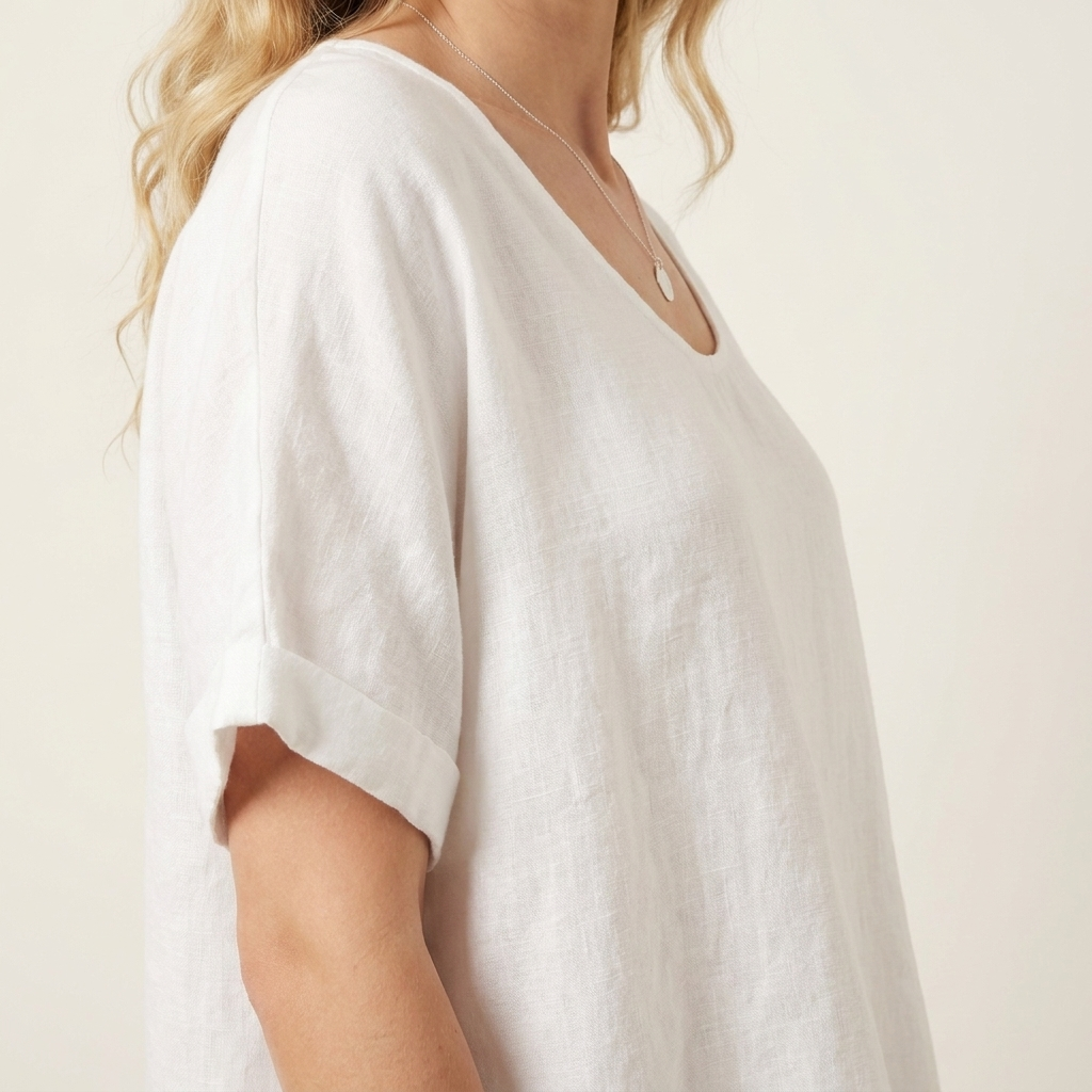 Close-up of the white blouse neckline showing the loose, softly draping fabric