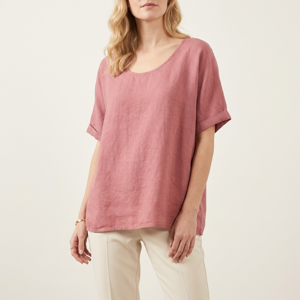 Woman wearing a dark pink loose-fit blouse with a relaxed silhouette, front studio view