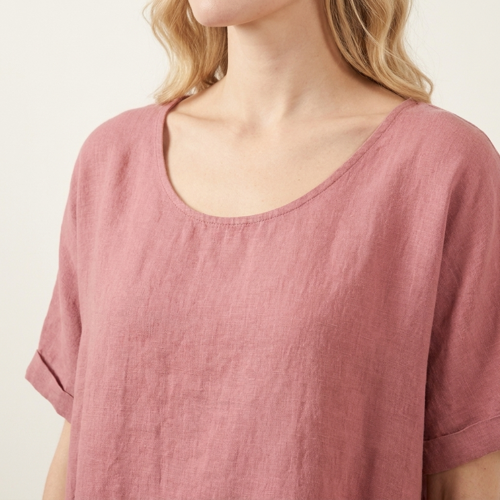 Close-up of the dark pink blouse neckline showing the loose, softly draping fabric