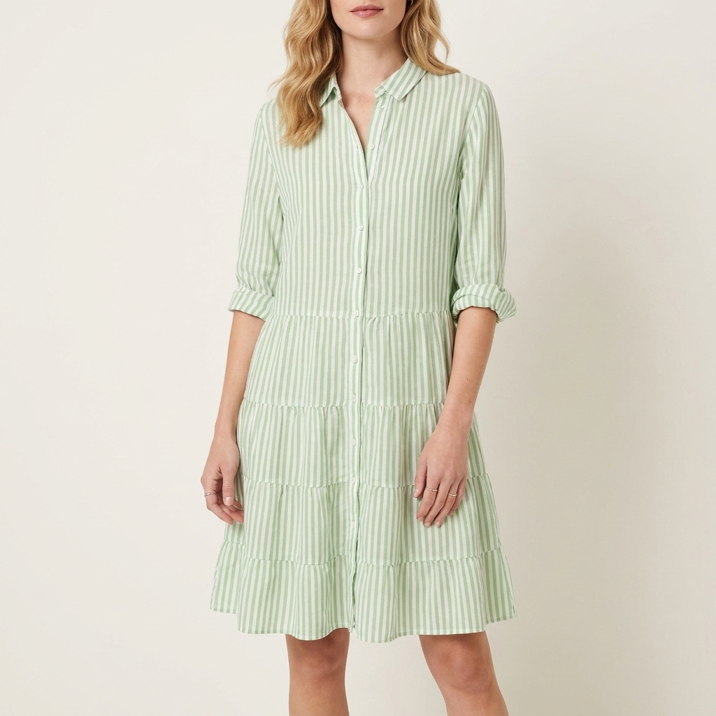 Woman wearing a green striped A-line summer dress, front studio view