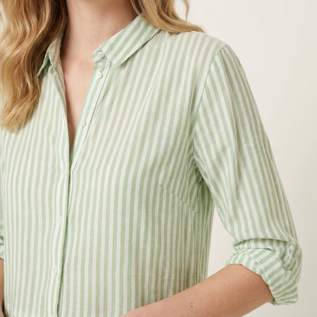 Close-up of the green dress neckline and stripe pattern detail
