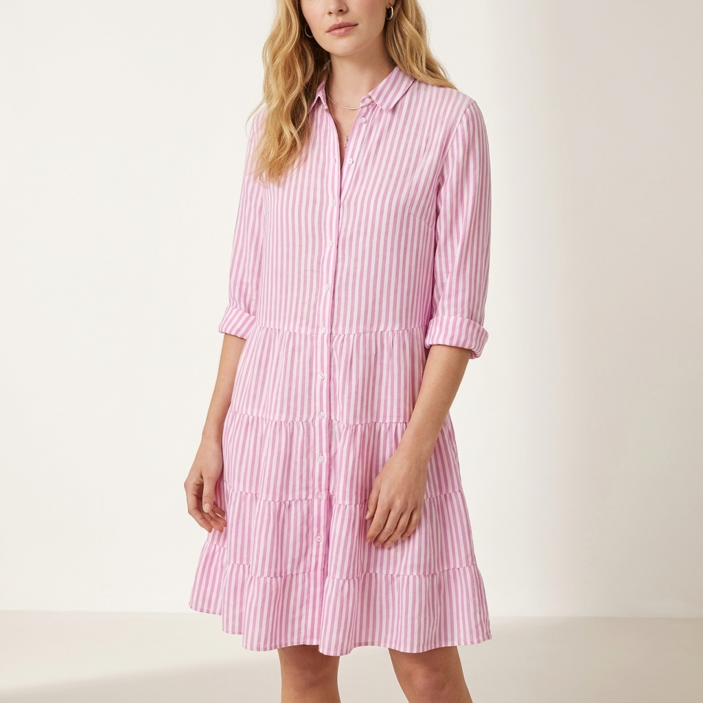 Woman wearing a light pink striped A-line summer dress, front studio view