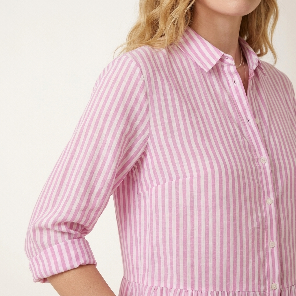 Close-up of the light pink dress neckline and stripe pattern detail