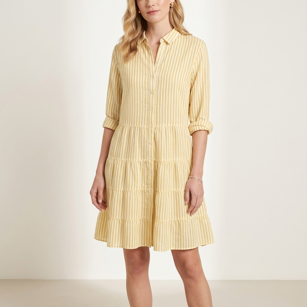 Woman wearing a yellow striped A-line summer dress, front studio view