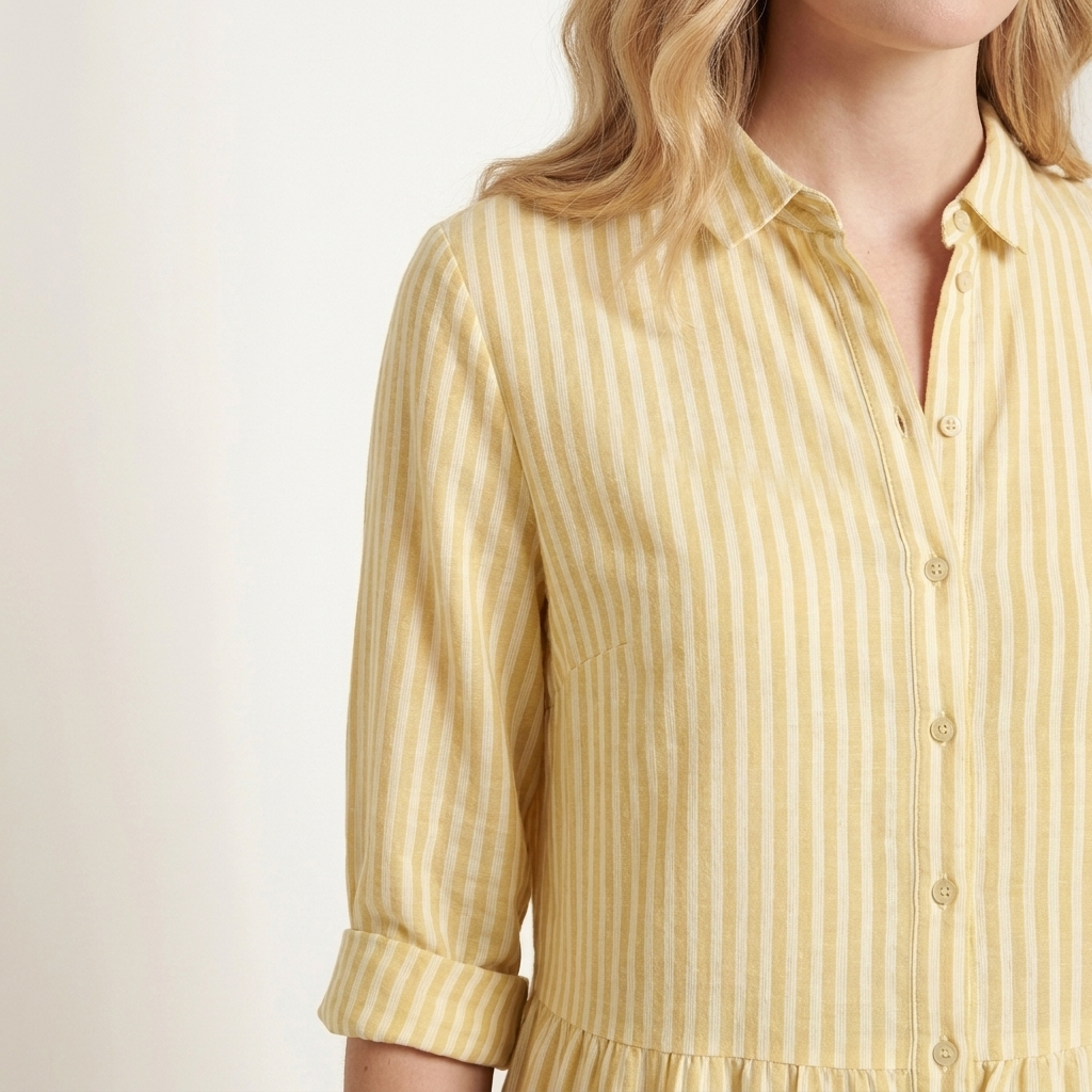 Close-up of the yellow dress neckline and stripe pattern detail