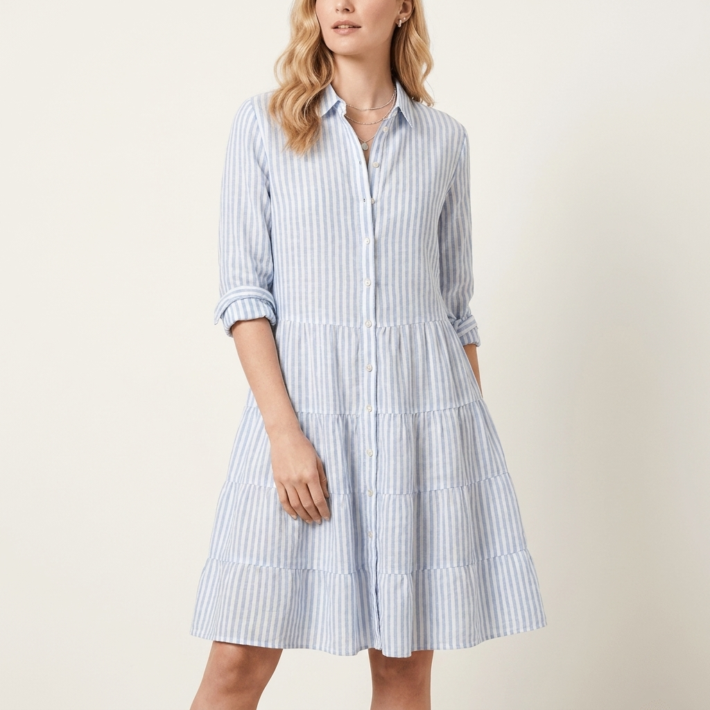 Woman wearing a blue striped A-line summer dress, front studio view