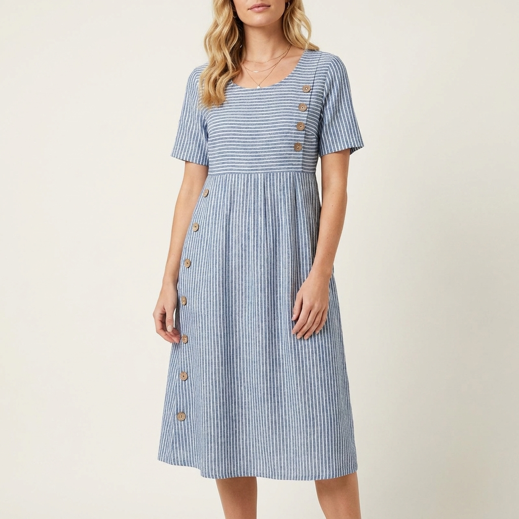 Woman wearing a blue striped midi dress with 3/4 sleeves, front studio view