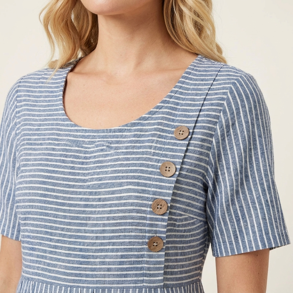 Close-up of the blue dress neckline and stripe pattern detail