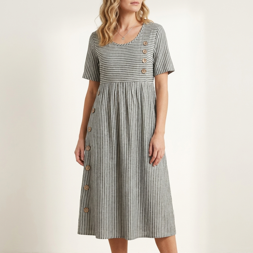 Woman wearing a gray striped midi dress with 3/4 sleeves, front studio view