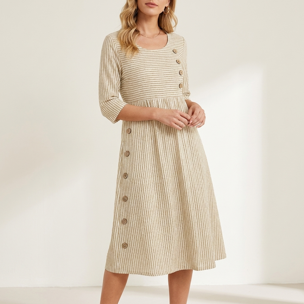 Woman wearing a beige striped midi dress with 3/4 sleeves, front studio view