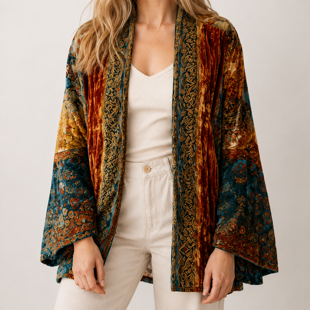 Bohemian open-front cardigan with a velvet-texture tapestry print, wide sleeves, and rich jewel-toned patterns.