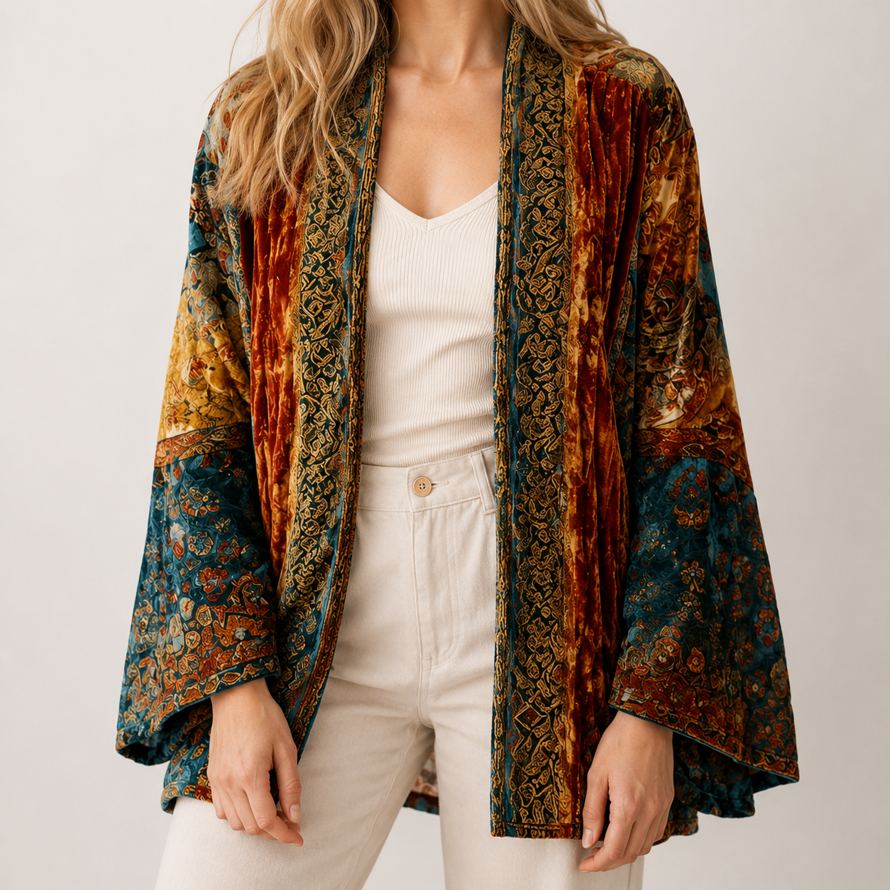 Bohemian open-front cardigan with a velvet-texture tapestry print, wide sleeves, and rich jewel-toned patterns.