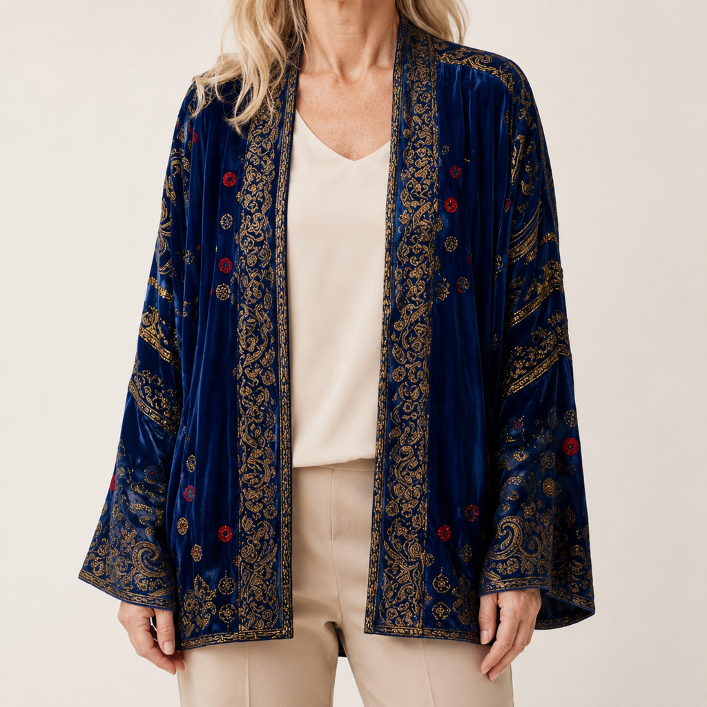 Royal blue velvet open-front cardigan with gold tapestry-inspired embroidery and wide sleeves.
