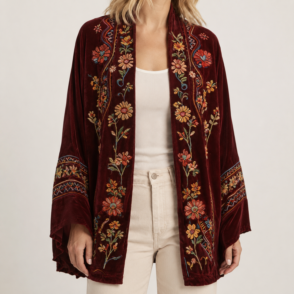 Burgundy velvet open-front cardigan with colorful floral embroidery and wide sleeves in a relaxed, bohemian style.