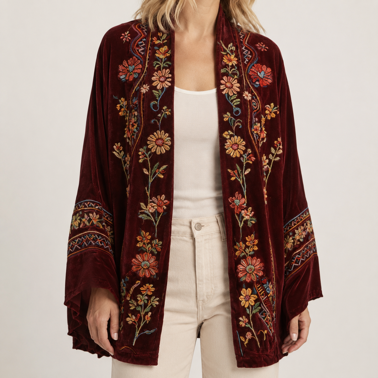 Burgundy velvet open-front cardigan with colorful floral embroidery and wide sleeves in a relaxed, bohemian style.