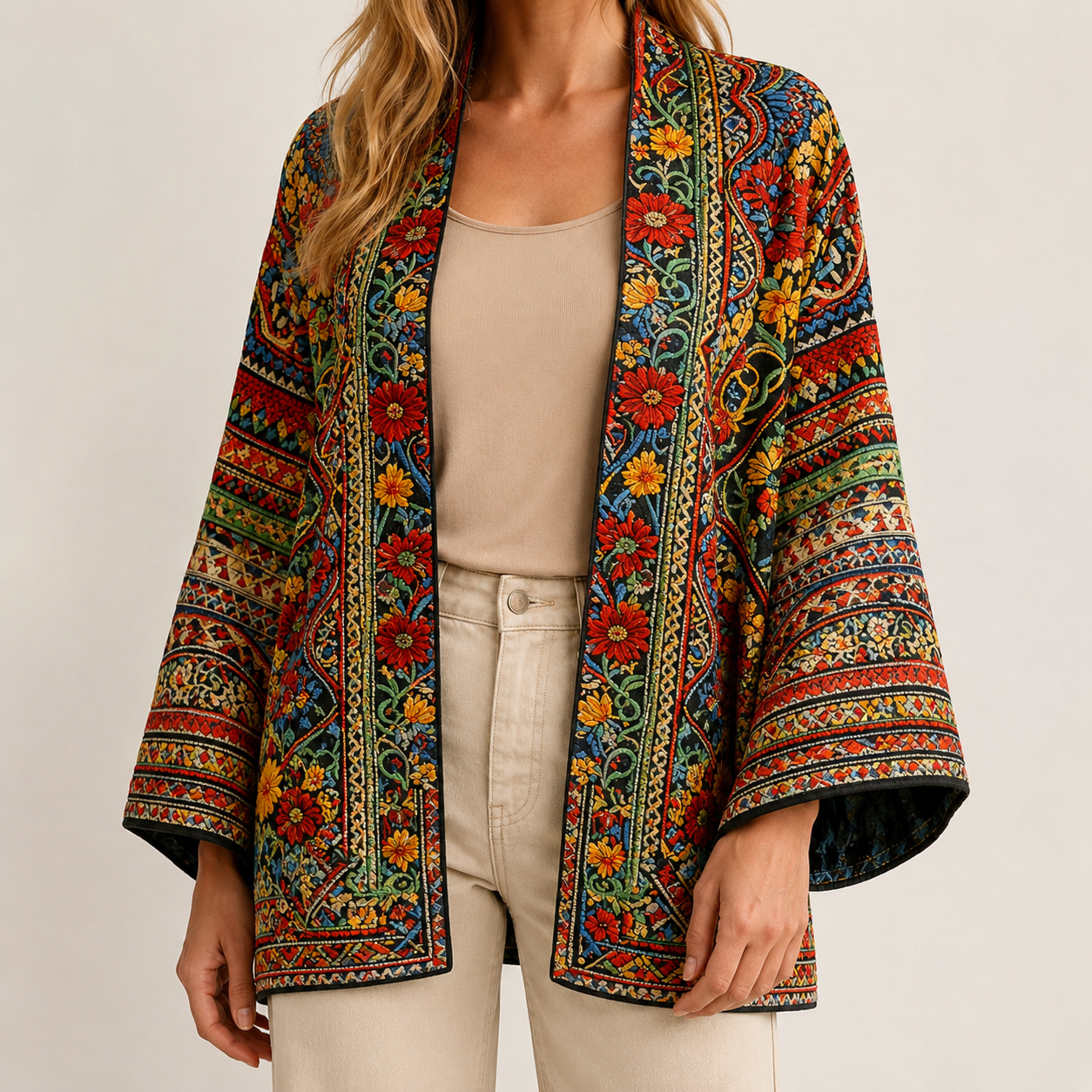 Open-front cardigan with vibrant floral tapestry print, wide long sleeves, and a relaxed, bohemian-inspired fit.