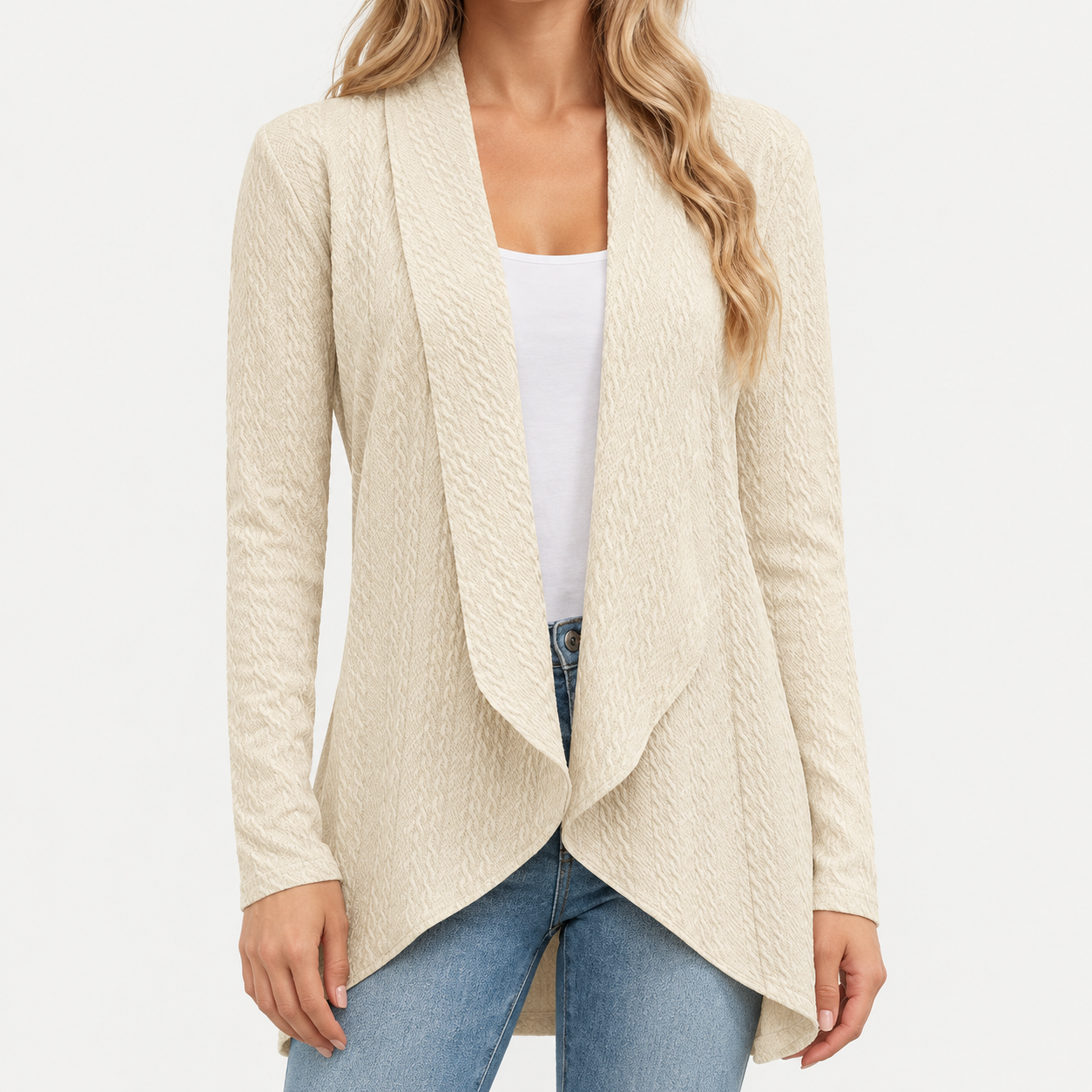 Beige textured waterfall cardigan with an open-front design, long sleeves, and a flattering curved hem.