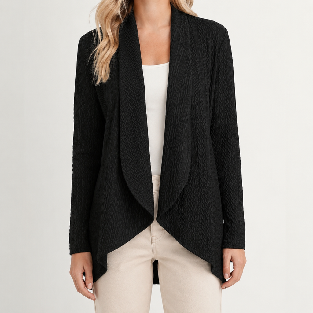 Black long-sleeve cardigan with an open waterfall front and all-over textured fabric in a relaxed, draped fit.