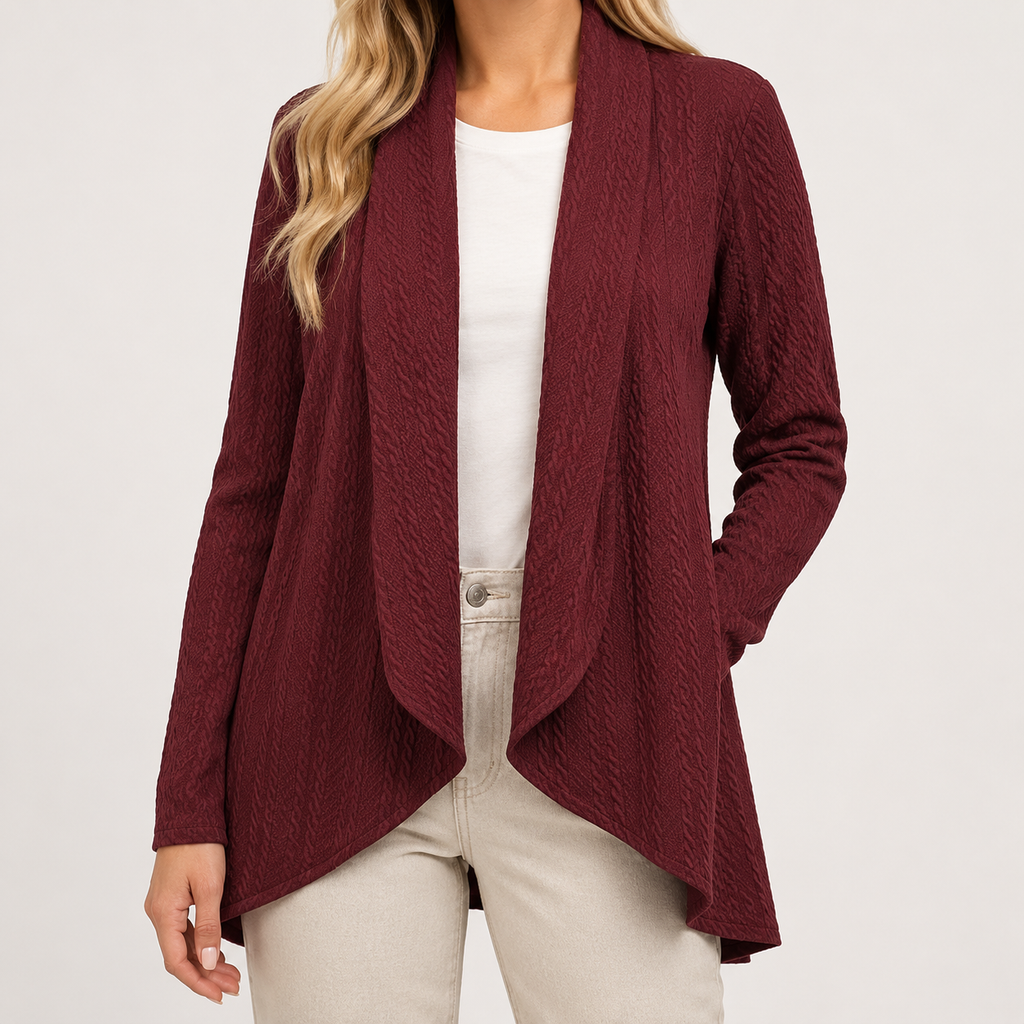 Burgundy textured waterfall cardigan with an open front, long sleeves, and a relaxed, curved hem.