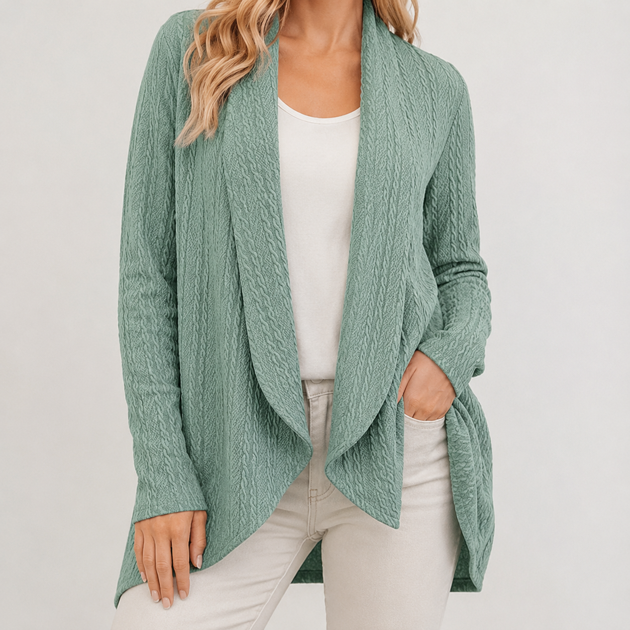 Sage green textured waterfall cardigan with an open-front design, long sleeves, and a relaxed, curved hem.